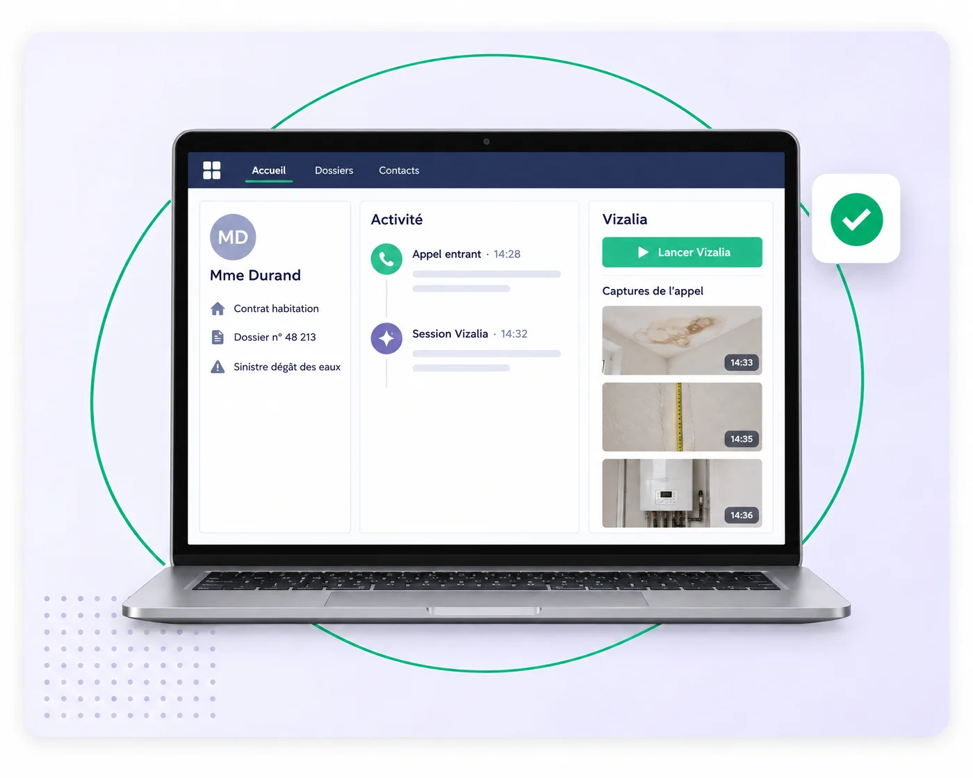 Customer record in a CRM with the Launch Vizalia button and the photos taken during the call