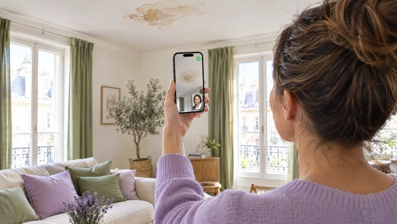 A policyholder films a water damage stain on the ceiling with her phone during a visual call with an advisor
