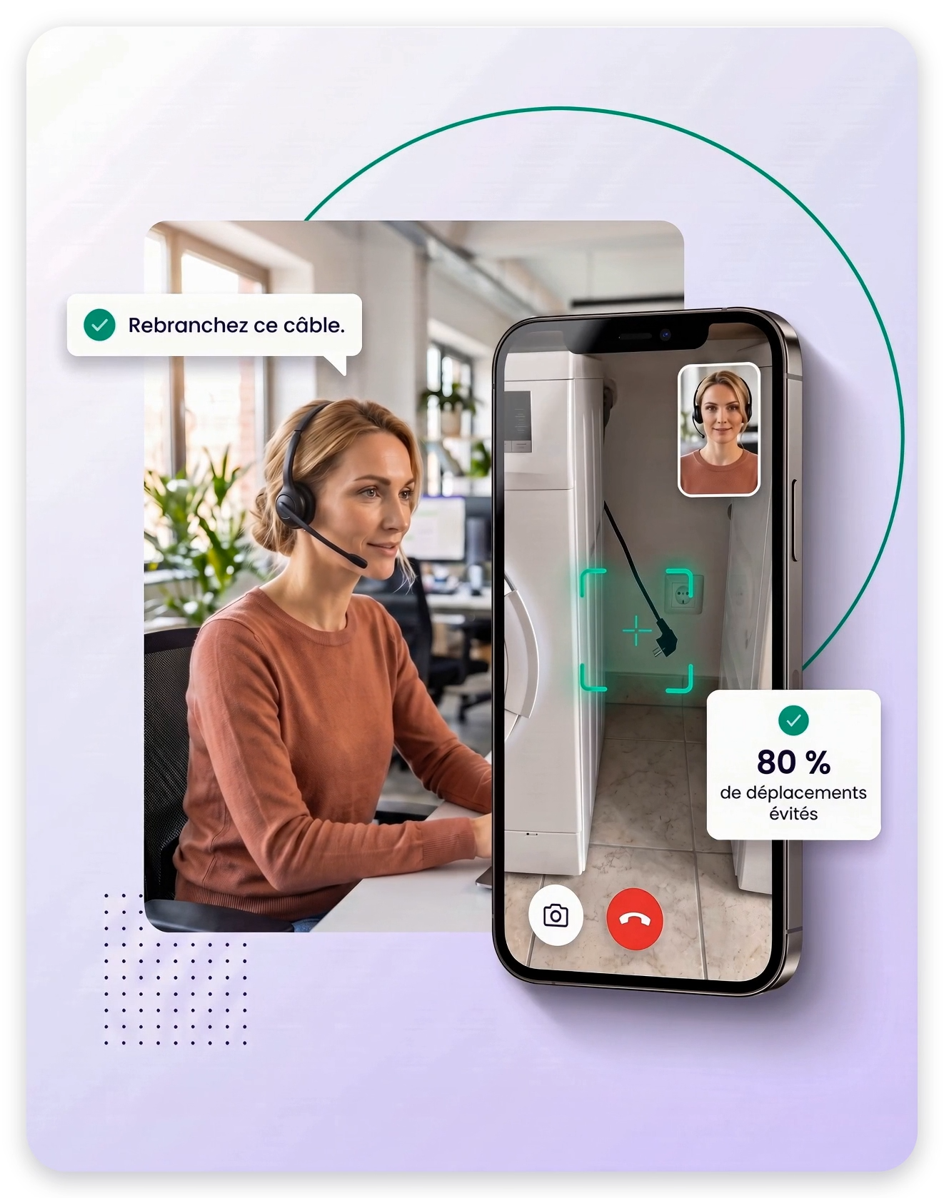 Conseillère guidant un client à distance pour rebrancher un câble, 80% de déplacements évités