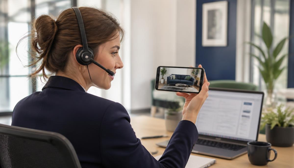 Conseillère au casque montrant un écran de téléphone pendant un appel