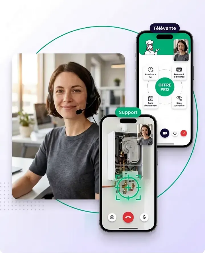 Conseillère en visio assistance guidant un client sur sa chaudière depuis son téléphone